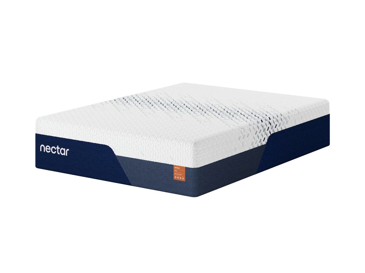 Nectar white fabric mattress with dark blue sides and nectar logo on corner