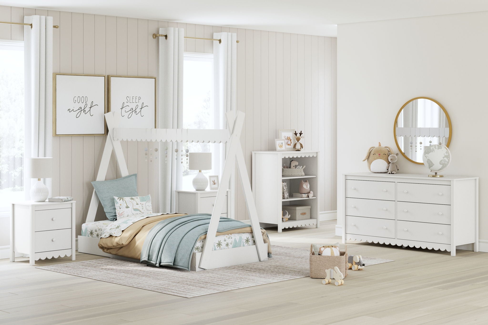 White kids bedroom set with bed, dresser, and bookcase shelves with scalloped trim