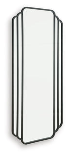 Black arched floor mirror with scalloped frame bars, angled view