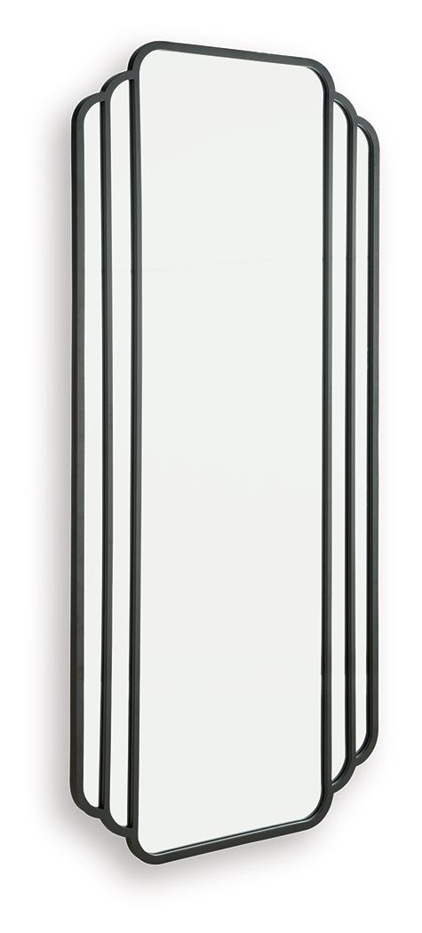 Black arched floor mirror with scalloped frame bars, angled view