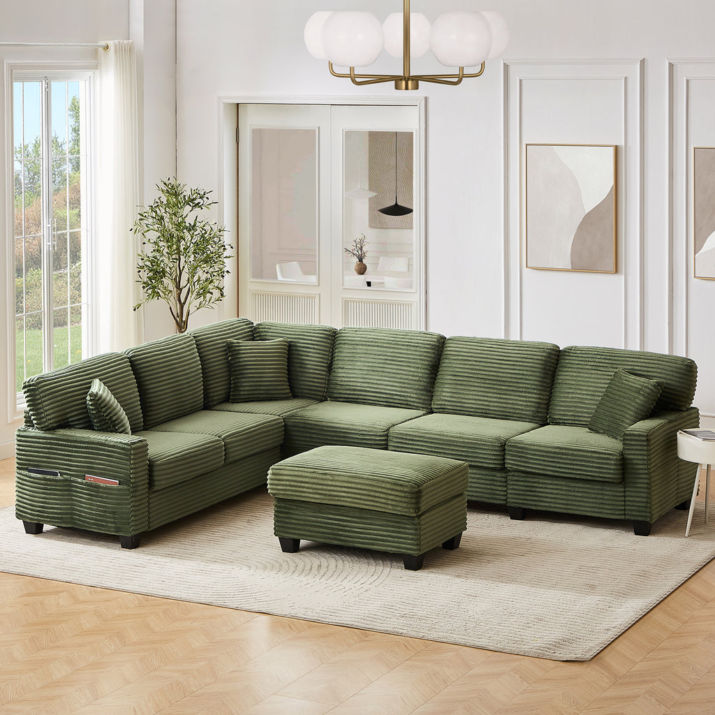 Green corduroy sectional sofa with chaise and separate ottoman ottoman seating