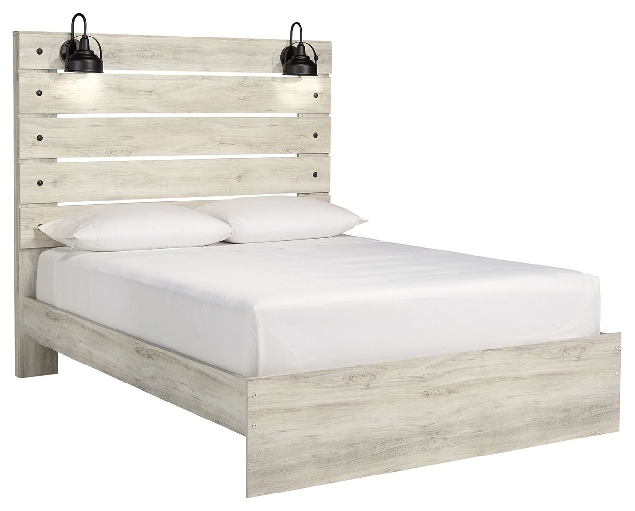 Panel bed with beige light-wood frame, white mattress and two pillows against headboard.