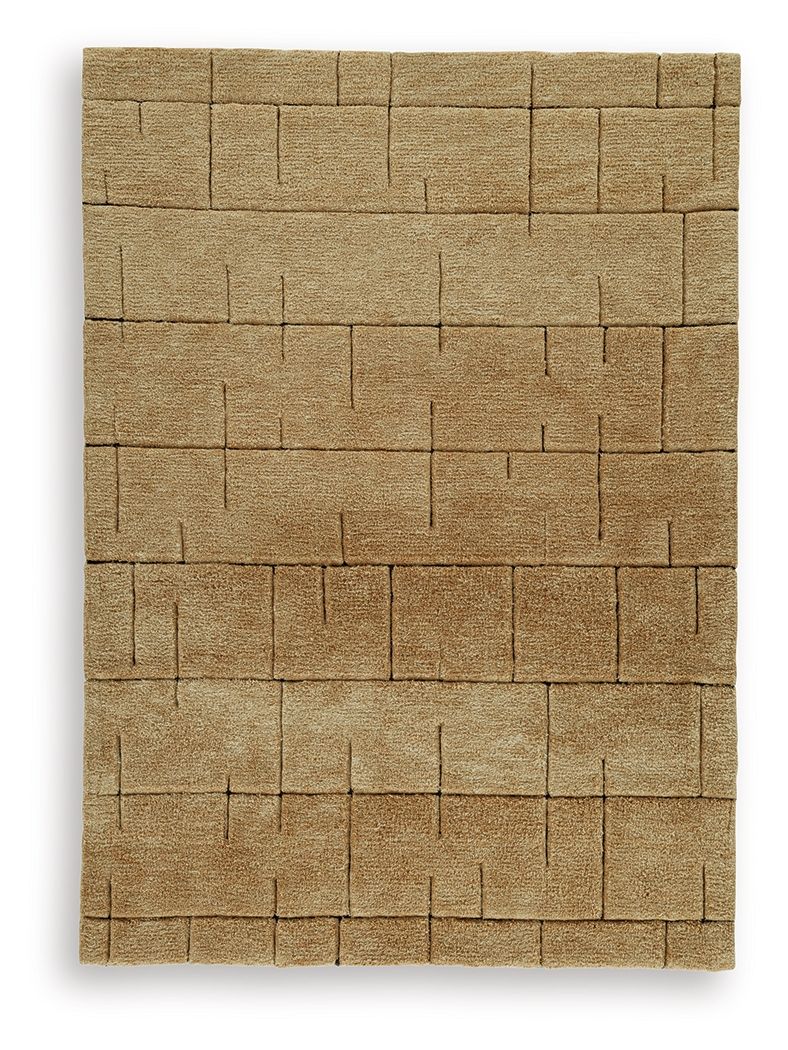 Light brown rug with layered rectangular blocks and vertical stitch details