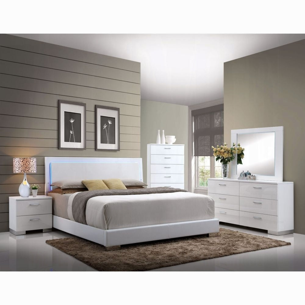 Modern White Queen Bed with LED Light Headboard