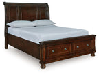 Dark brown sleigh storage bed with headboard and two drawer fronts