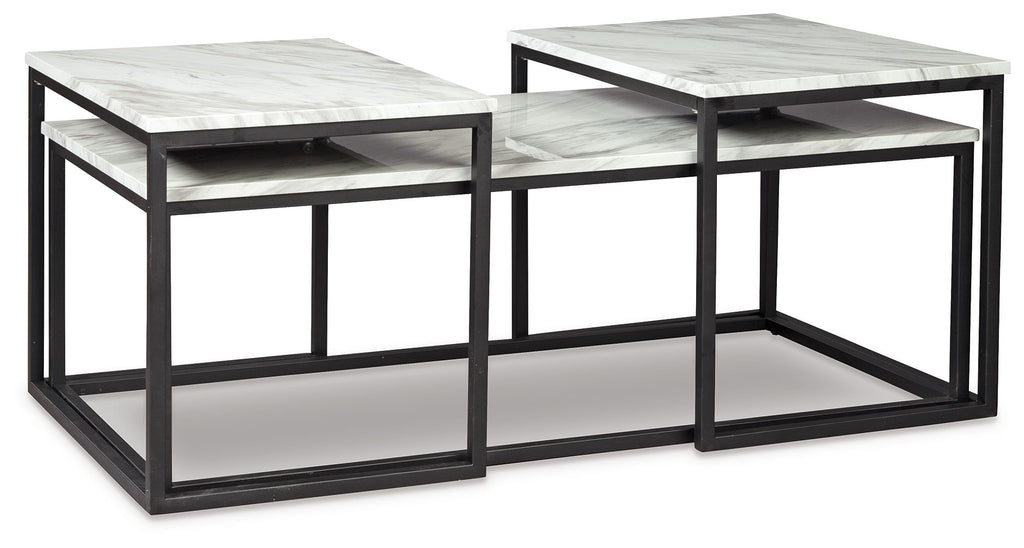 3-piece nested table set with three gray marble-look tops and black metal base frames