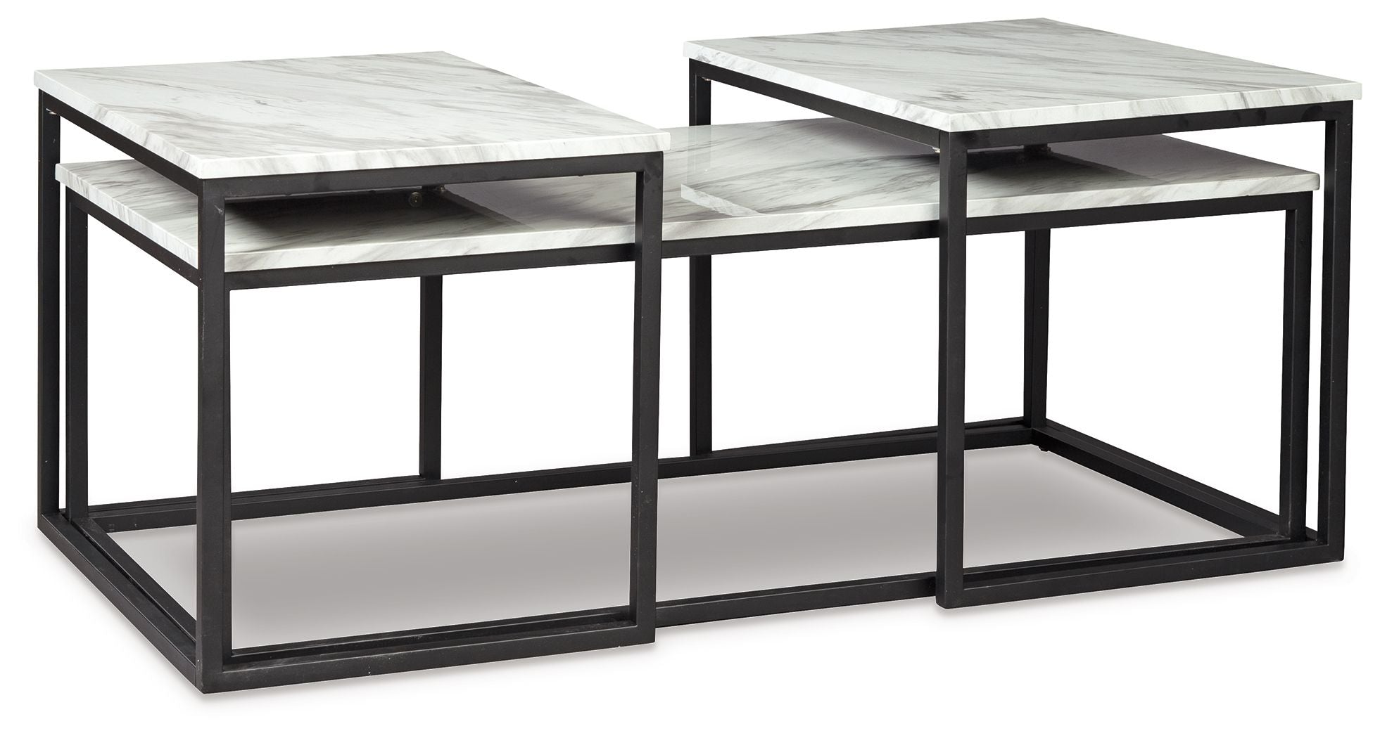 3-piece nested table set with three gray marble-look tops and black metal base frames