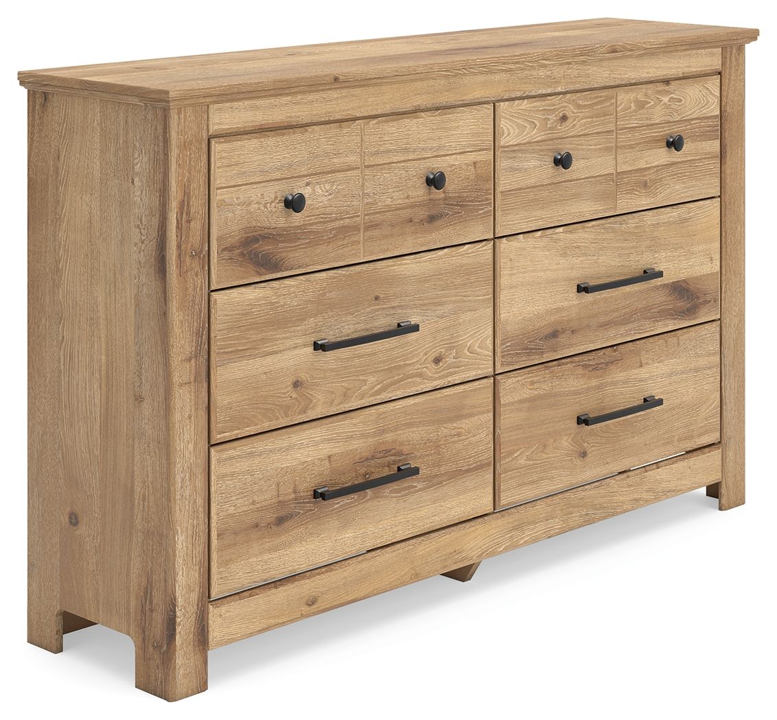 Light brown six-drawer dresser with black bar handles and round knobs