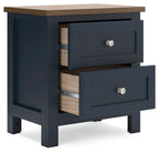Two-drawer nightstand with open drawers, wood interiors, dark blue frames, silver knobs
