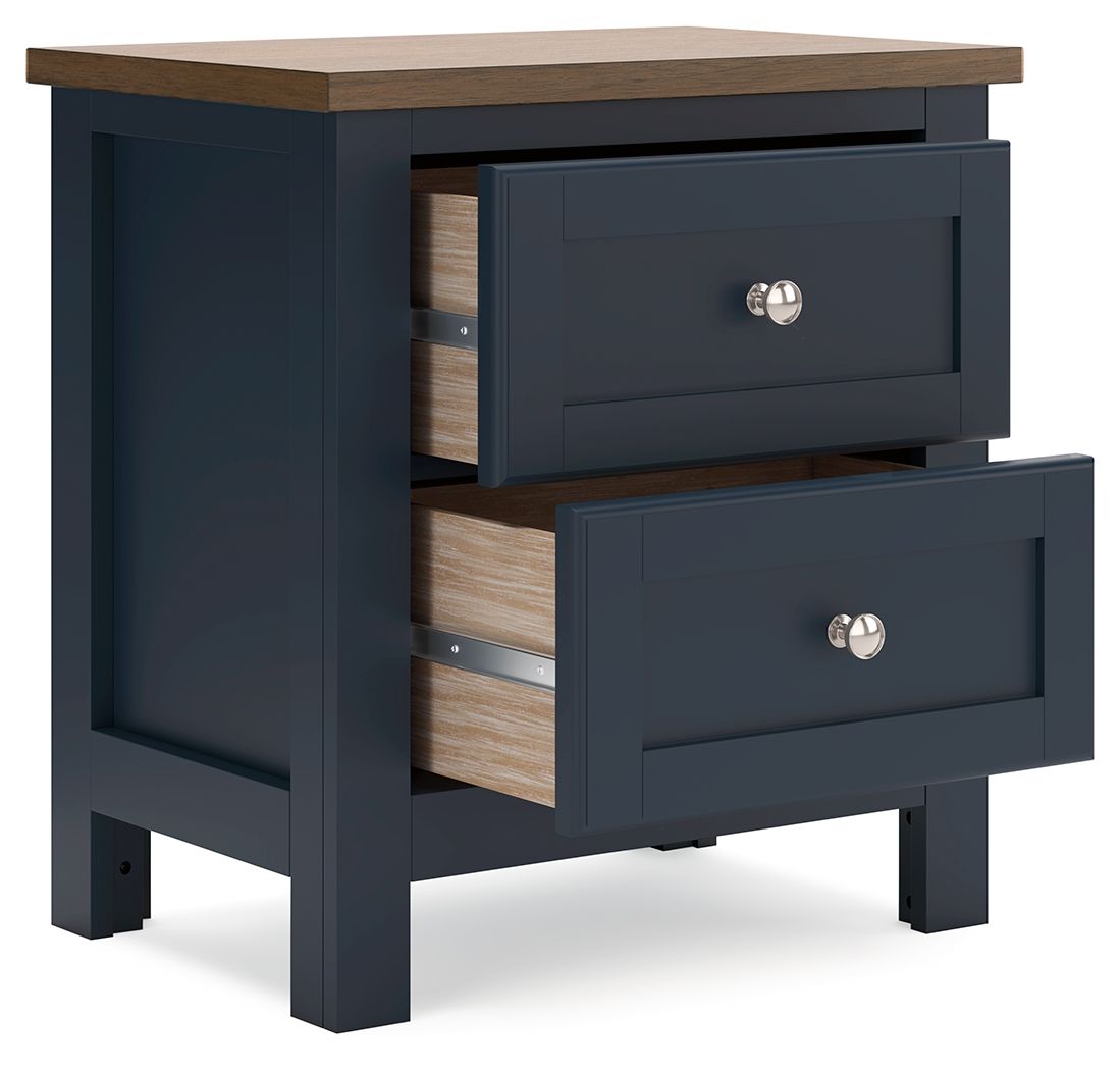 Two-drawer nightstand with open drawers, wood interiors, dark blue frames, silver knobs
