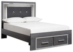 Gray upholstered panel bed with button-tufted headboard and two drawers