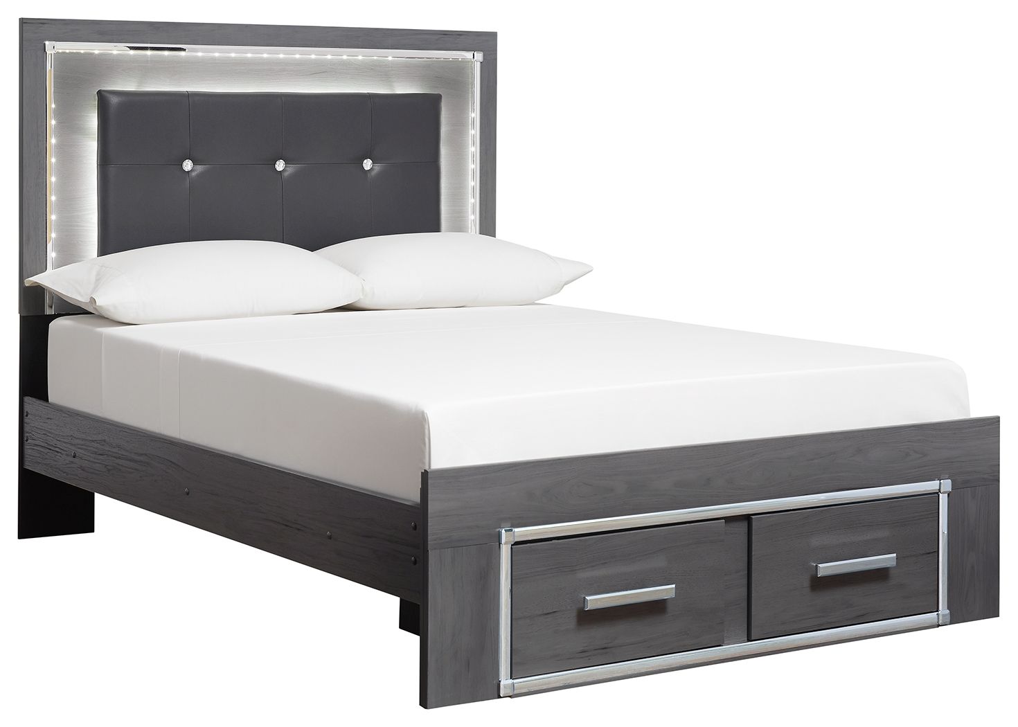Gray upholstered panel bed with button-tufted headboard and two drawers
