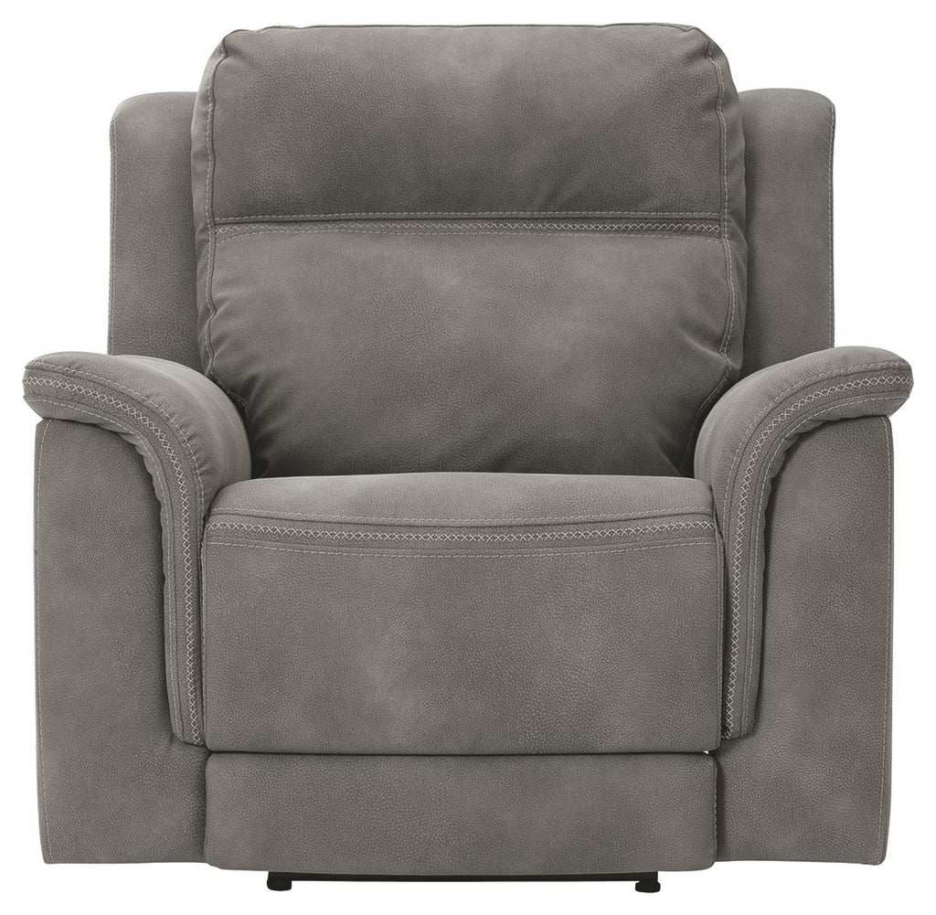 Slate gray power recliner chair front view with tall back and padded arm wings