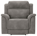 Slate gray power recliner chair front view with tall back and padded arm wings