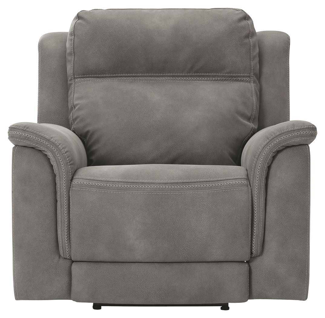 Slate gray power recliner chair front view with tall back and padded arm wings