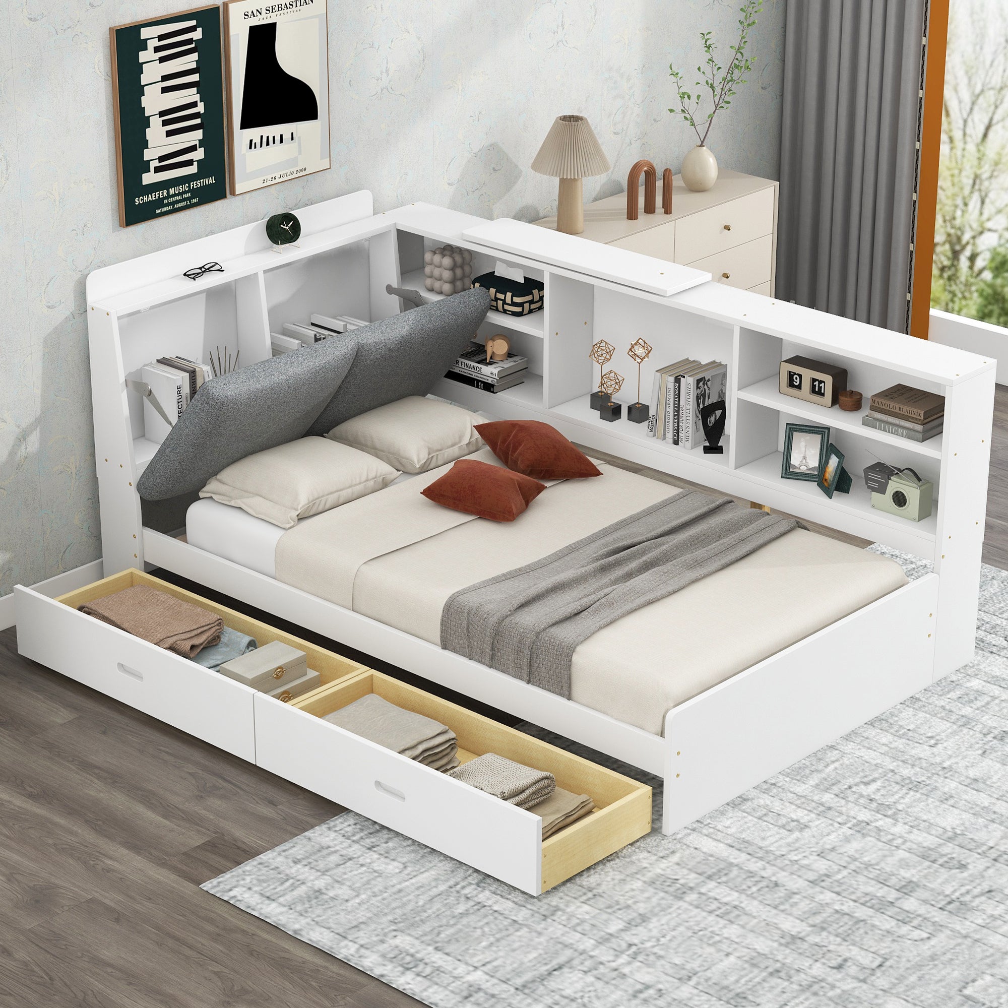 White Wood Twin Platform Bed with Storage Headboard, Shelves, 2 Drawers