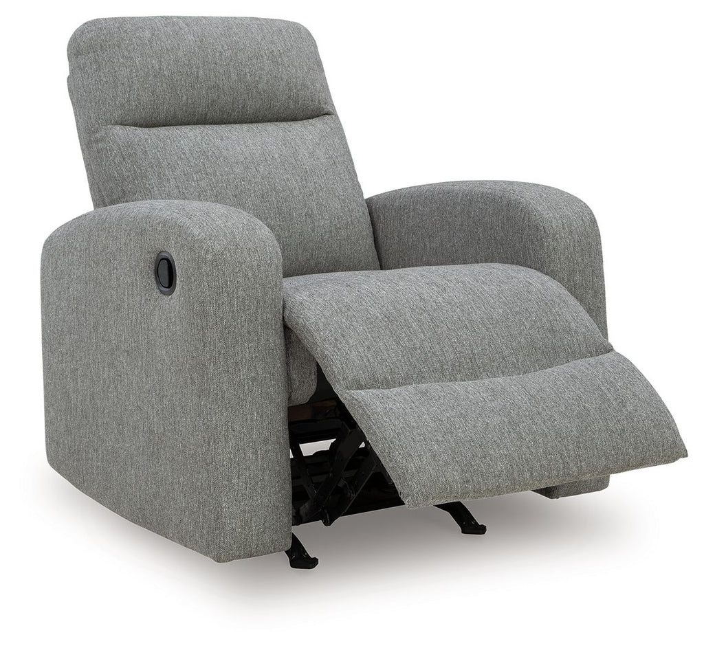 Gray fabric rocking recliner with open footrest and padded armrests