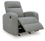 Gray fabric rocking recliner with open footrest and padded armrests