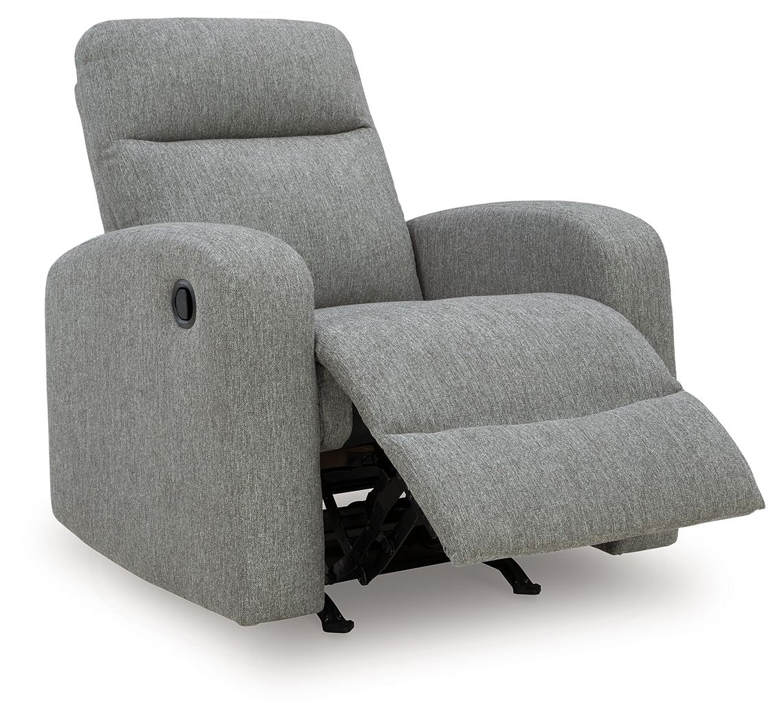 Gray fabric rocking recliner with open footrest and padded armrests