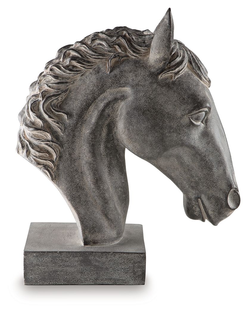 Horse sculpture in antique dark black, side profile with flowing mane and block base