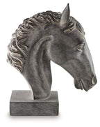 Horse sculpture in antique dark black, side profile with flowing mane and block base