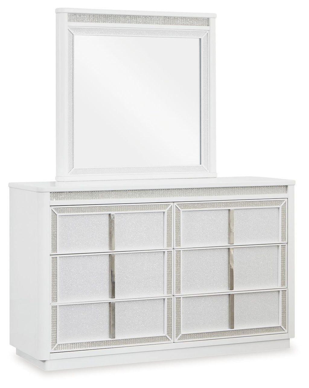 White dresser with attached mirror, two-door mesh-front cabinet with vertical handles