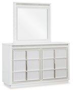 White dresser with attached mirror, two-door mesh-front cabinet with vertical handles