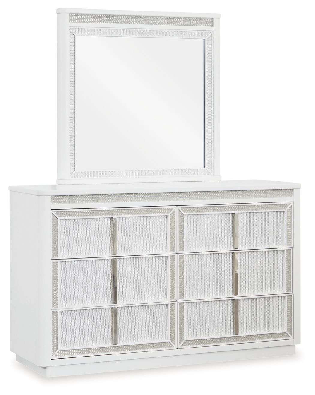 White dresser with attached mirror, two-door mesh-front cabinet with vertical handles