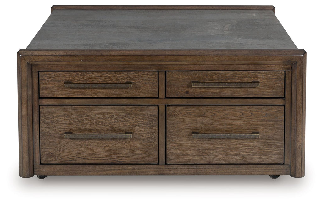 Square cocktail table with gray top and two-by-two drawer layout