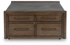 Square cocktail table with gray top and two-by-two drawer layout