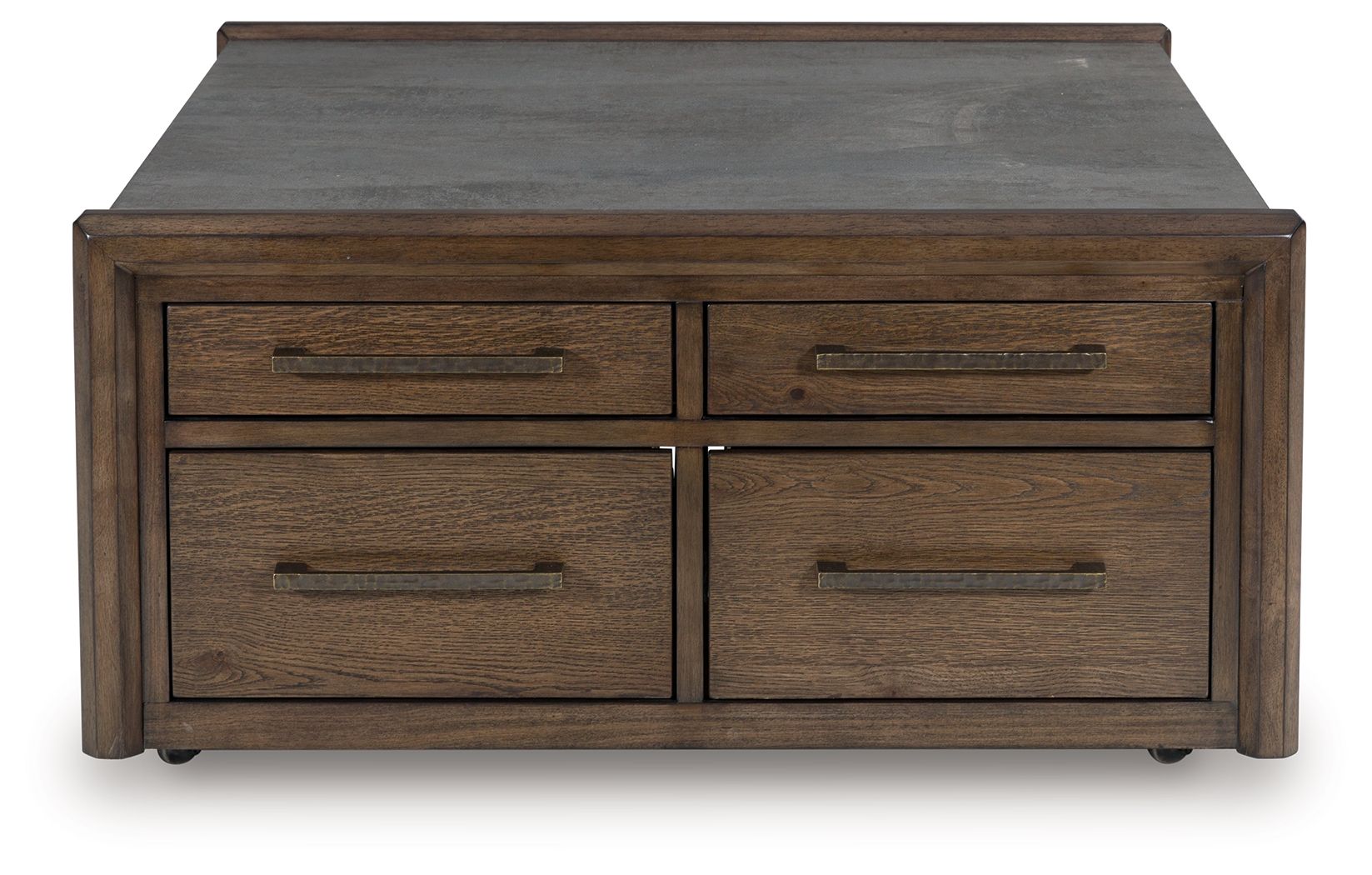 Square cocktail table with gray top and two-by-two drawer layout