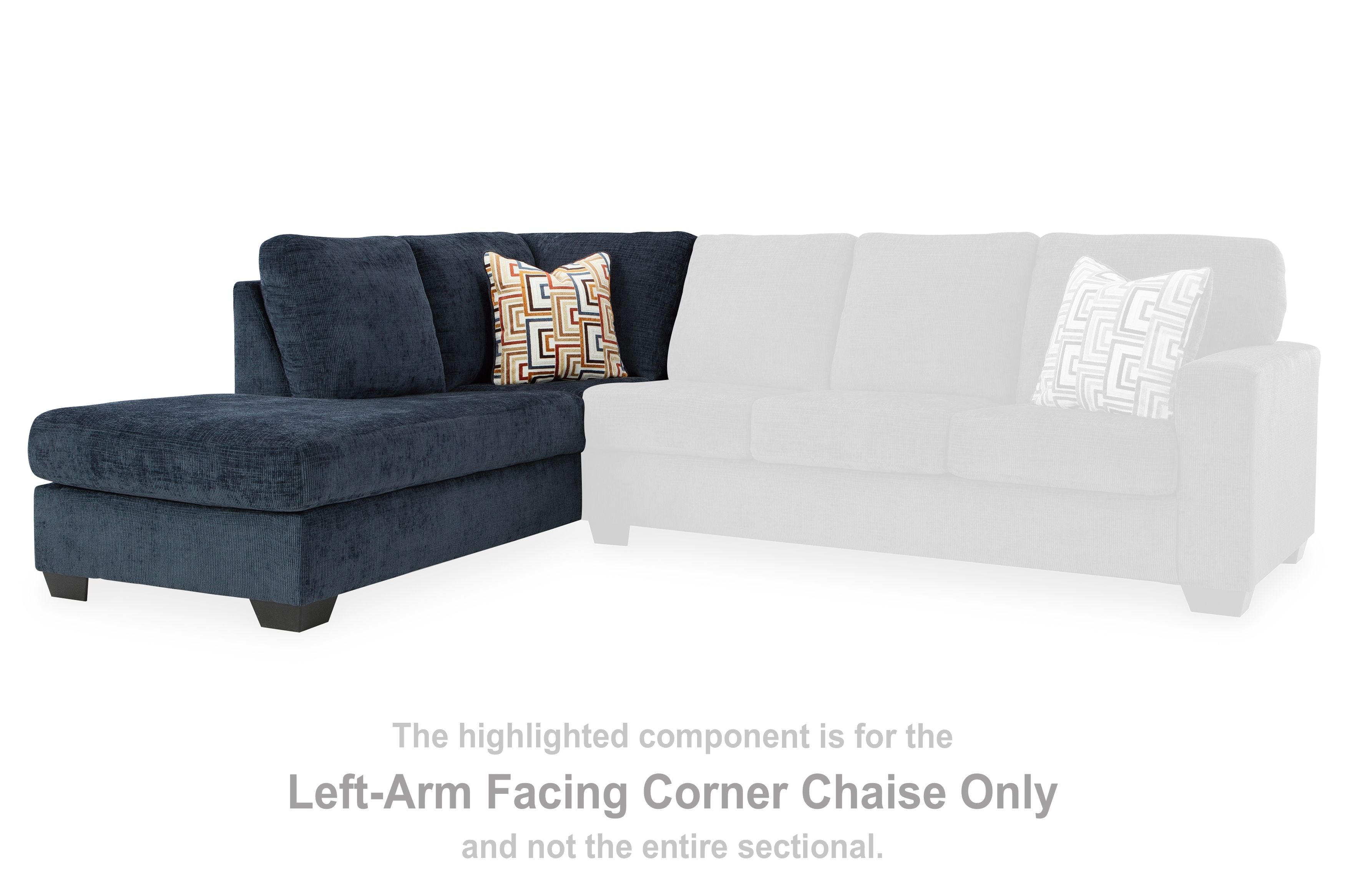 Aviemore dark ink corner chaise section with patterned back cushion and accent pillow