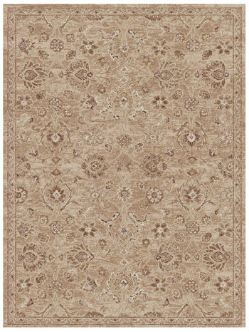 Light brown rug with distressed floral medallion pattern, rectangular border