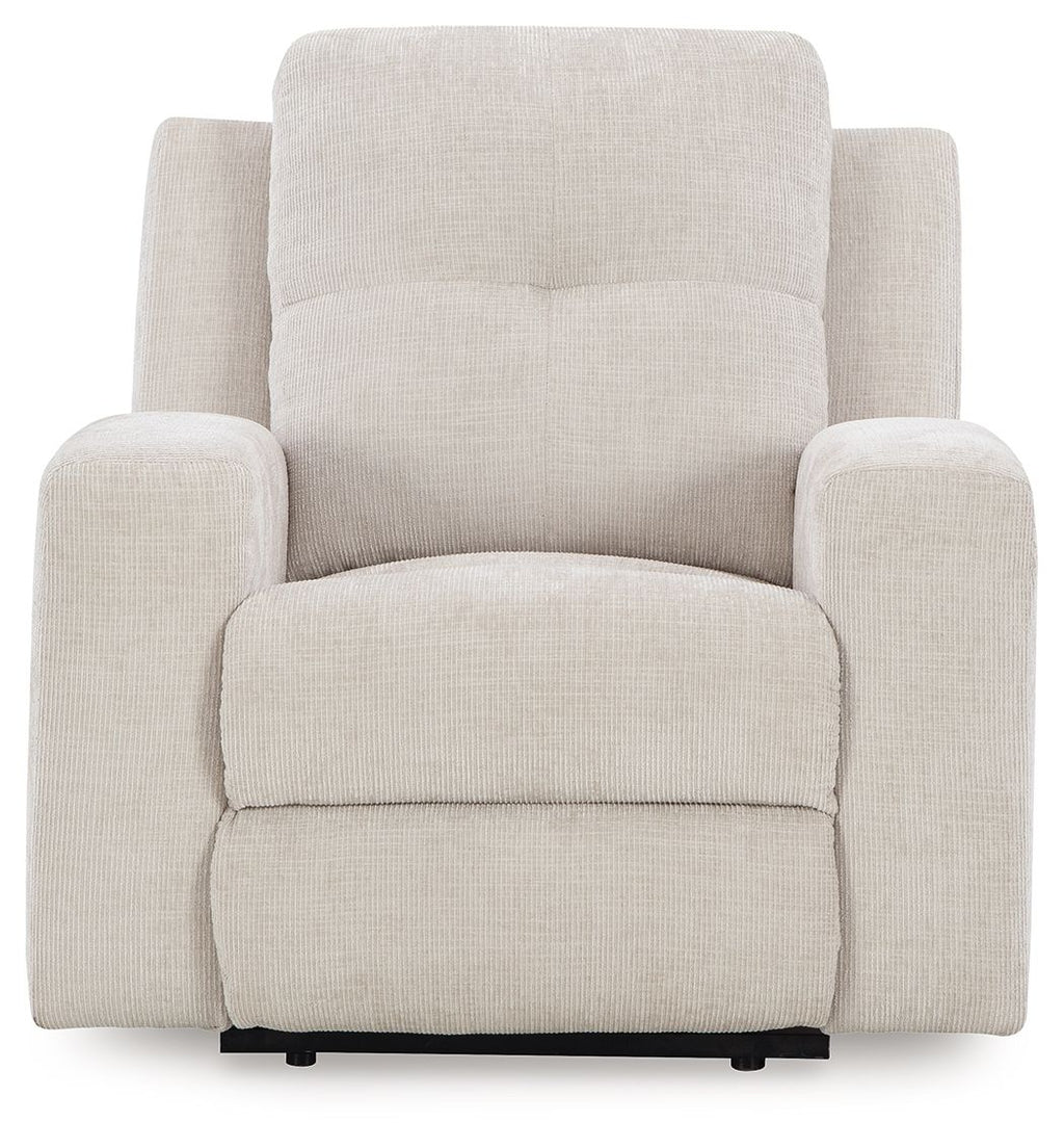 Stone fabric wall recliner with squared arms, tall back, and wide padded seat cushion