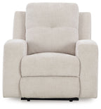 Stone fabric wall recliner with squared arms, tall back, and wide padded seat cushion