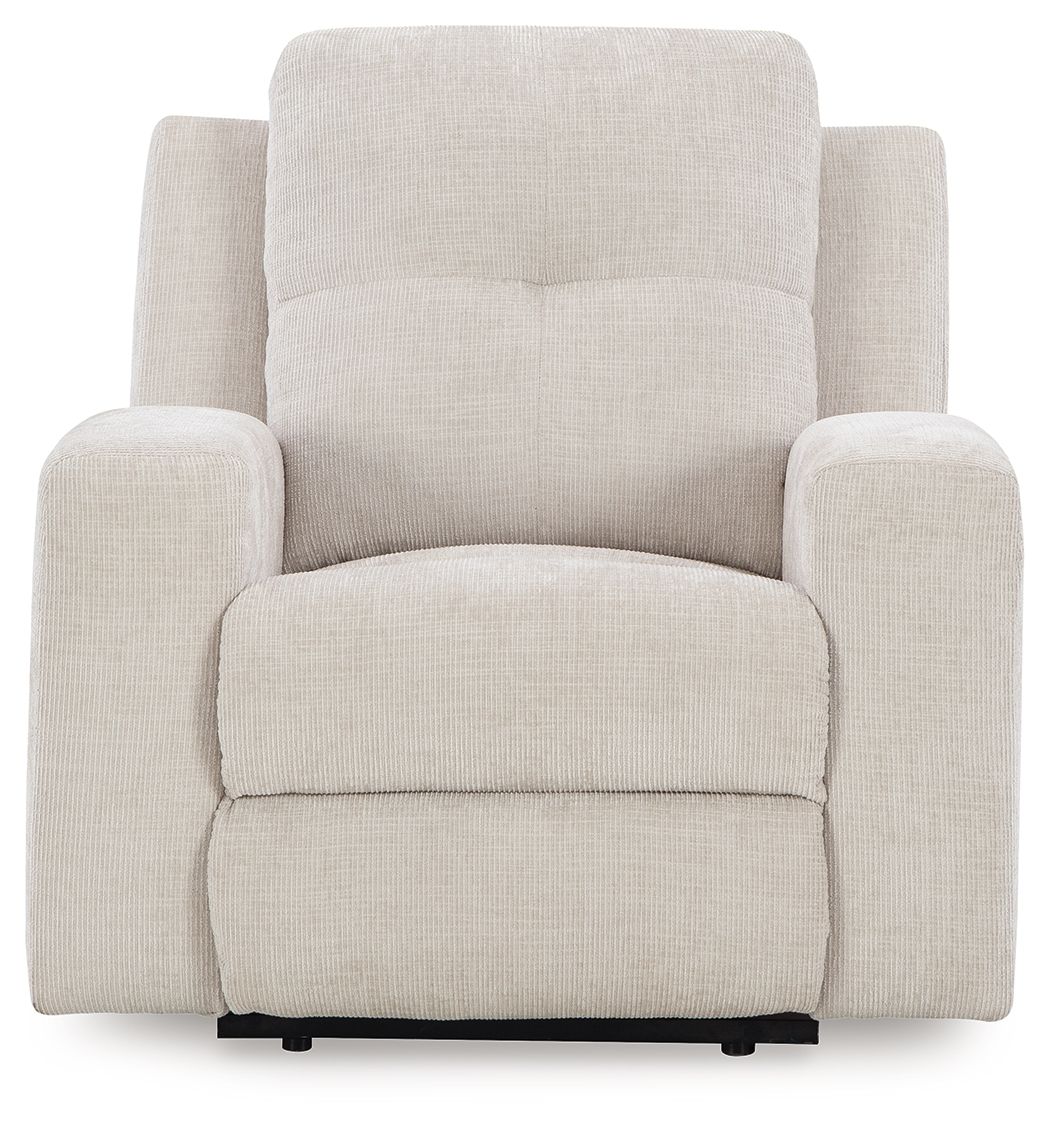 Stone fabric wall recliner with squared arms, tall back, and wide padded seat cushion