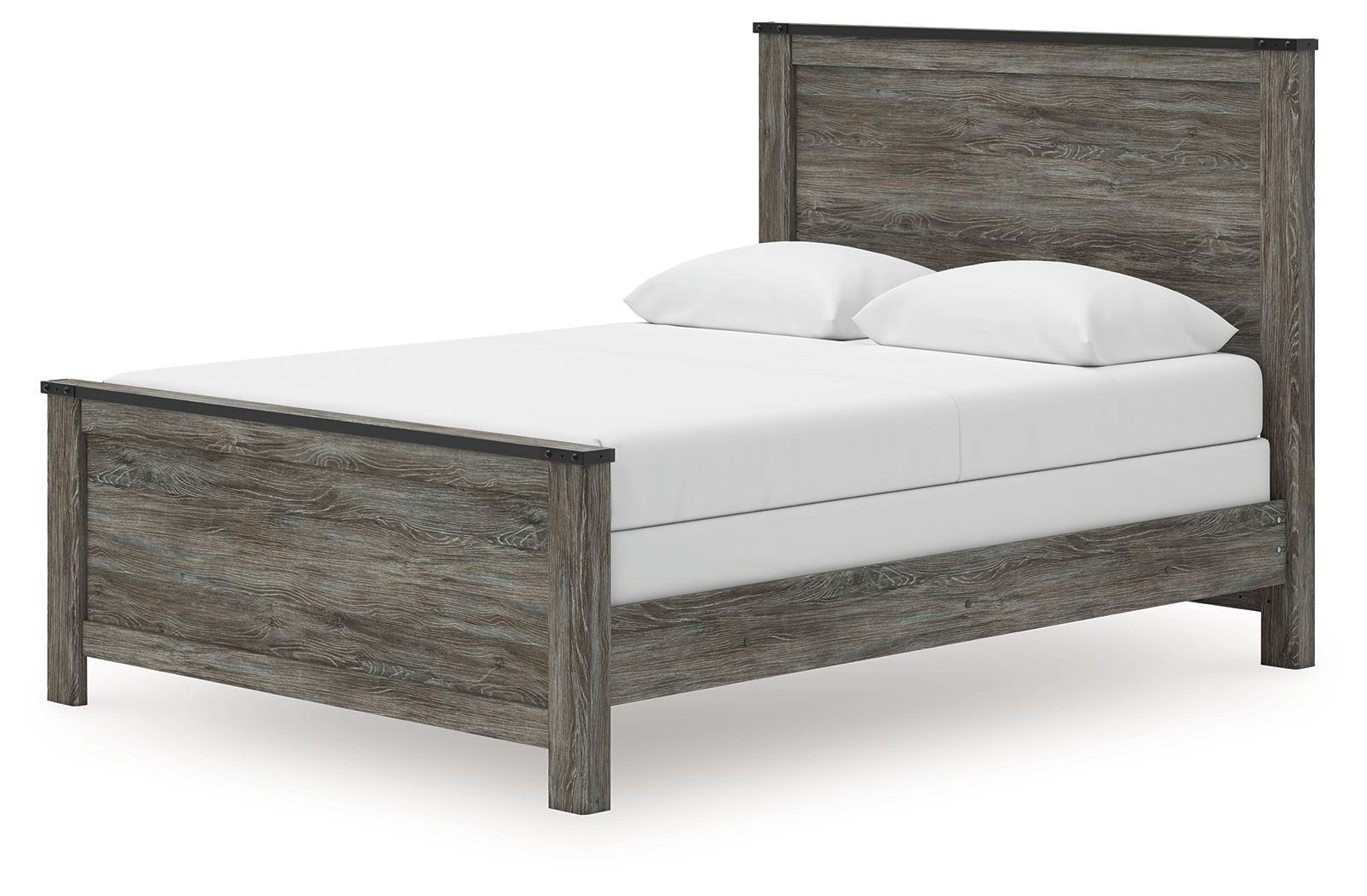 Gray panel bed with white mattress and two pillows