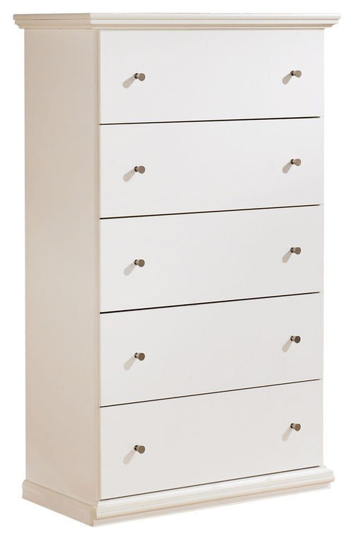 White five-drawer chest with metal knobs and straight side panels