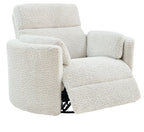 Swivel glider recliner chair in light cream with reclined footrest and thick padded seat