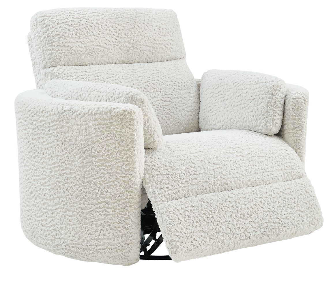 Swivel glider recliner chair in light cream with reclined footrest and thick padded seat