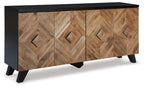 Accent cabinet with carved diamond motifs, brown wood finish, and black base