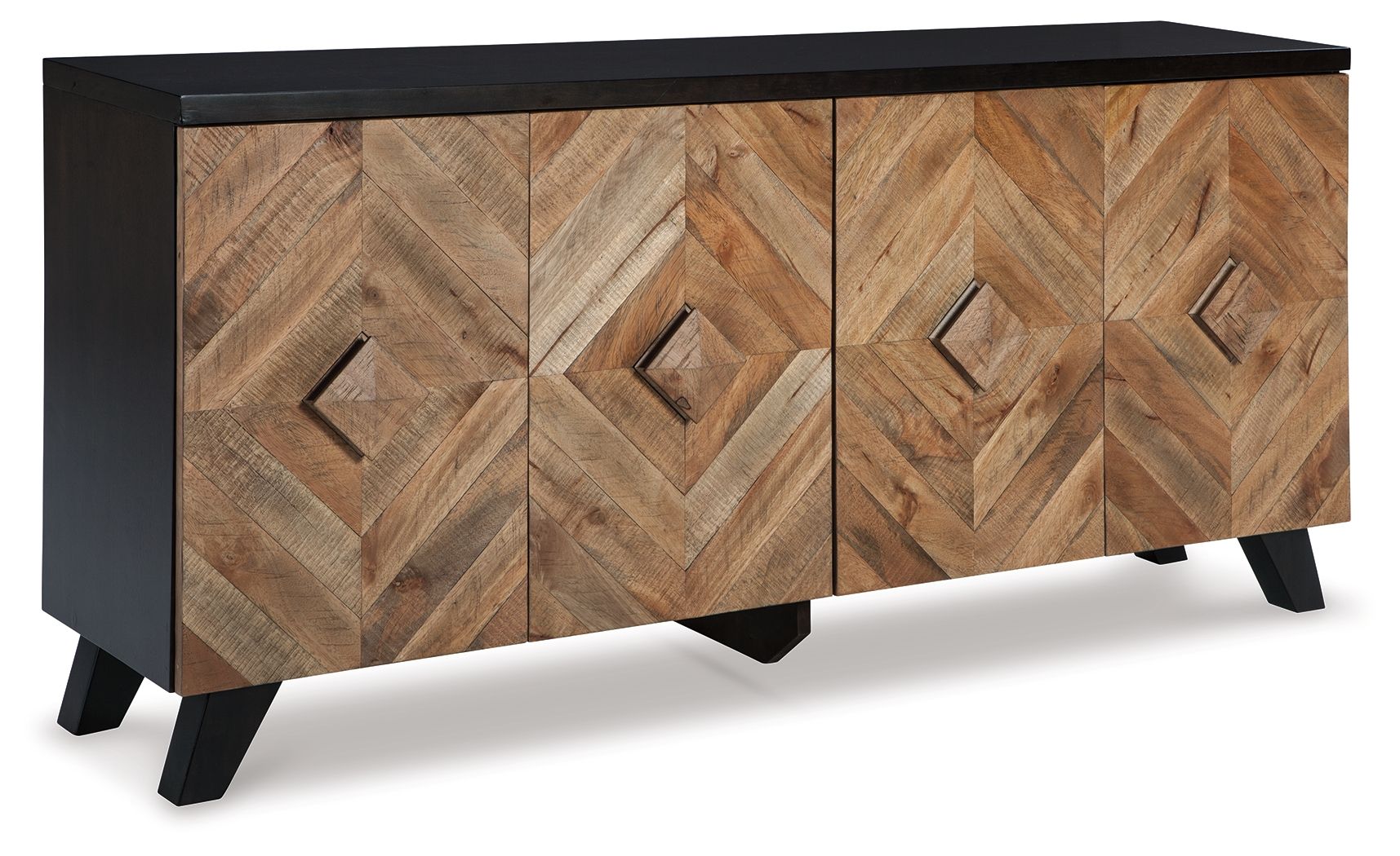 Accent cabinet with carved diamond motifs, brown wood finish, and black base