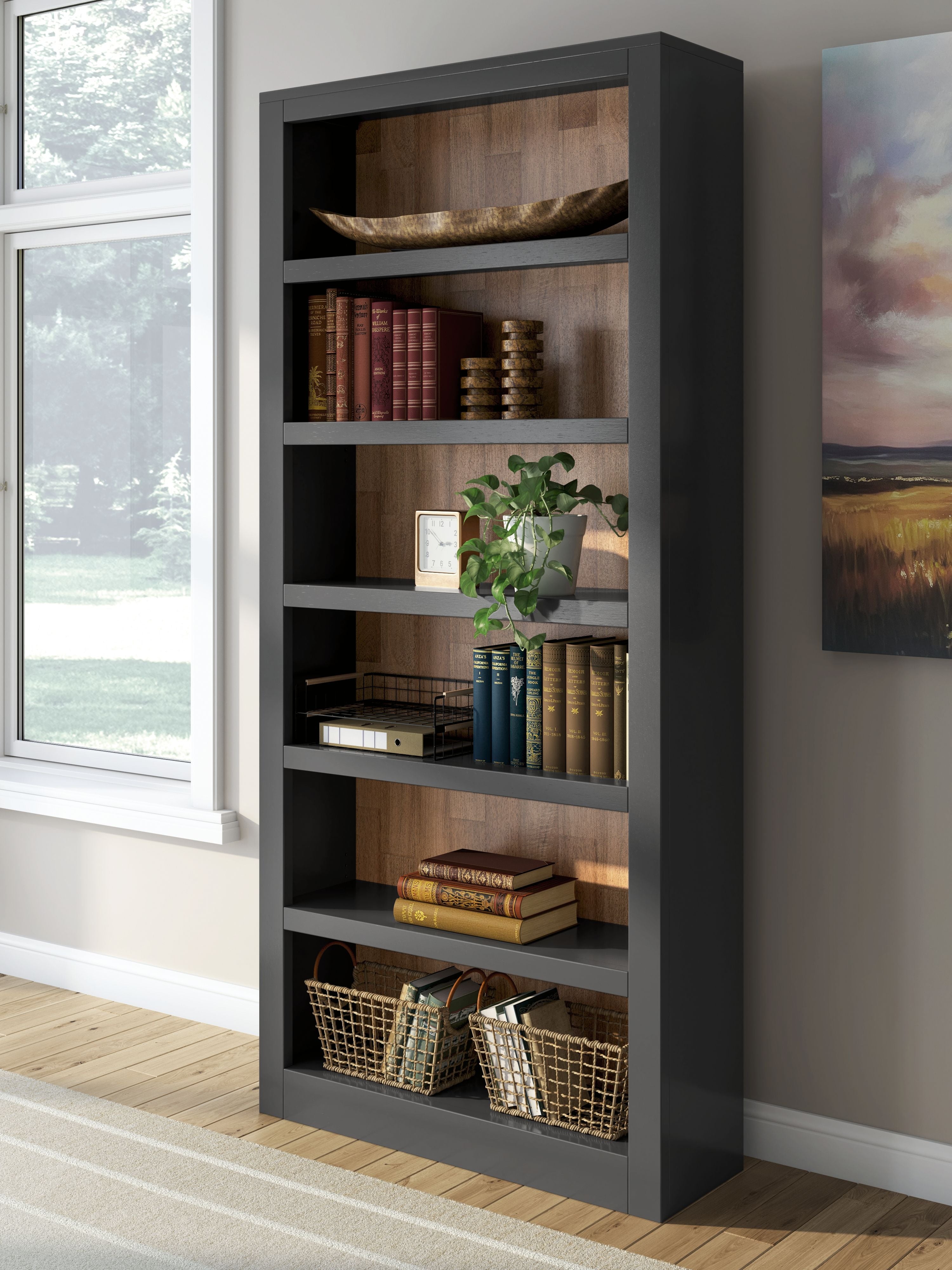 Brown and black bookcase with shelves holding books, decor, and baskets