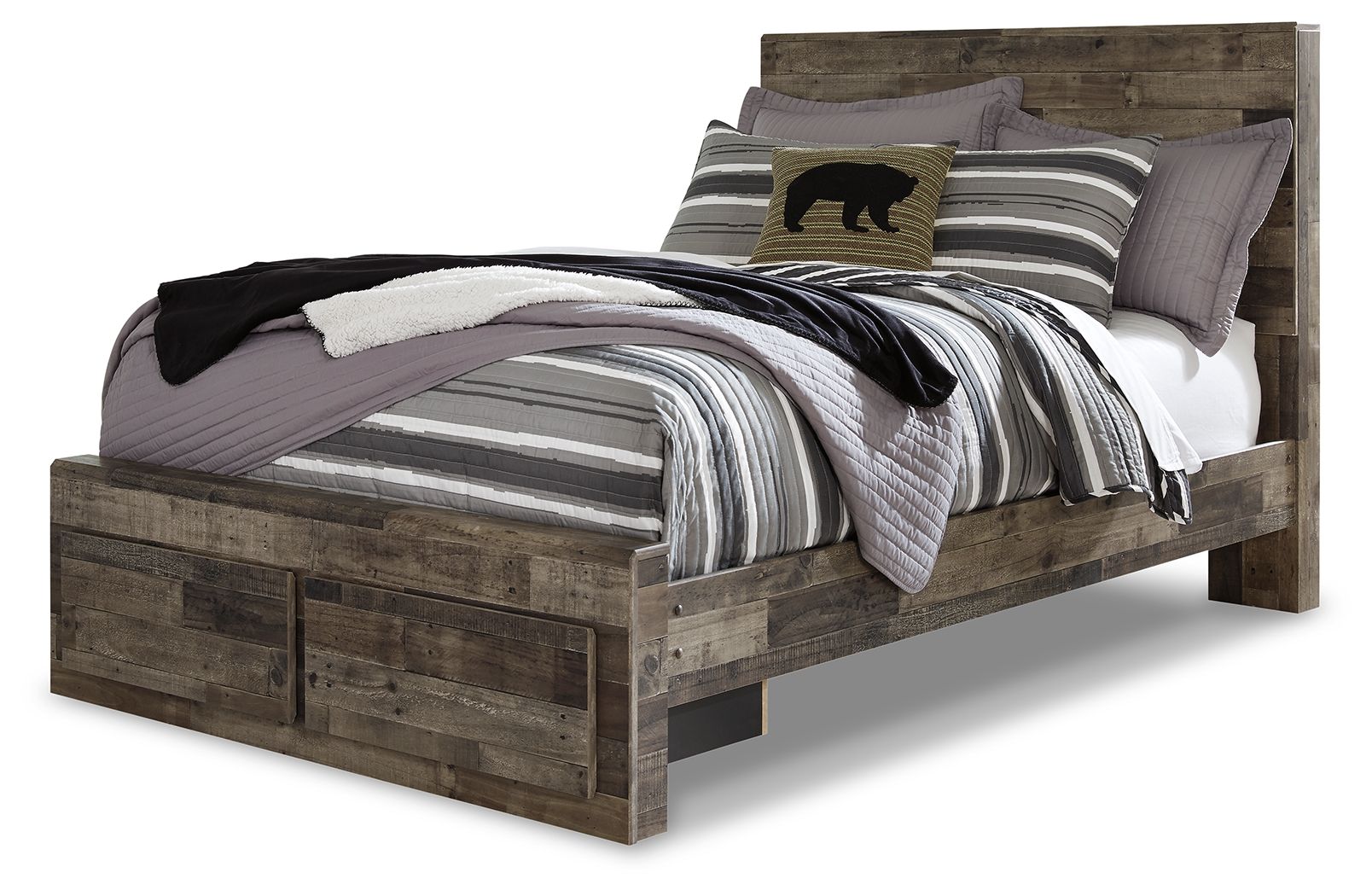 Dark gray panel bed with striped bedding and pillows, front view on white background