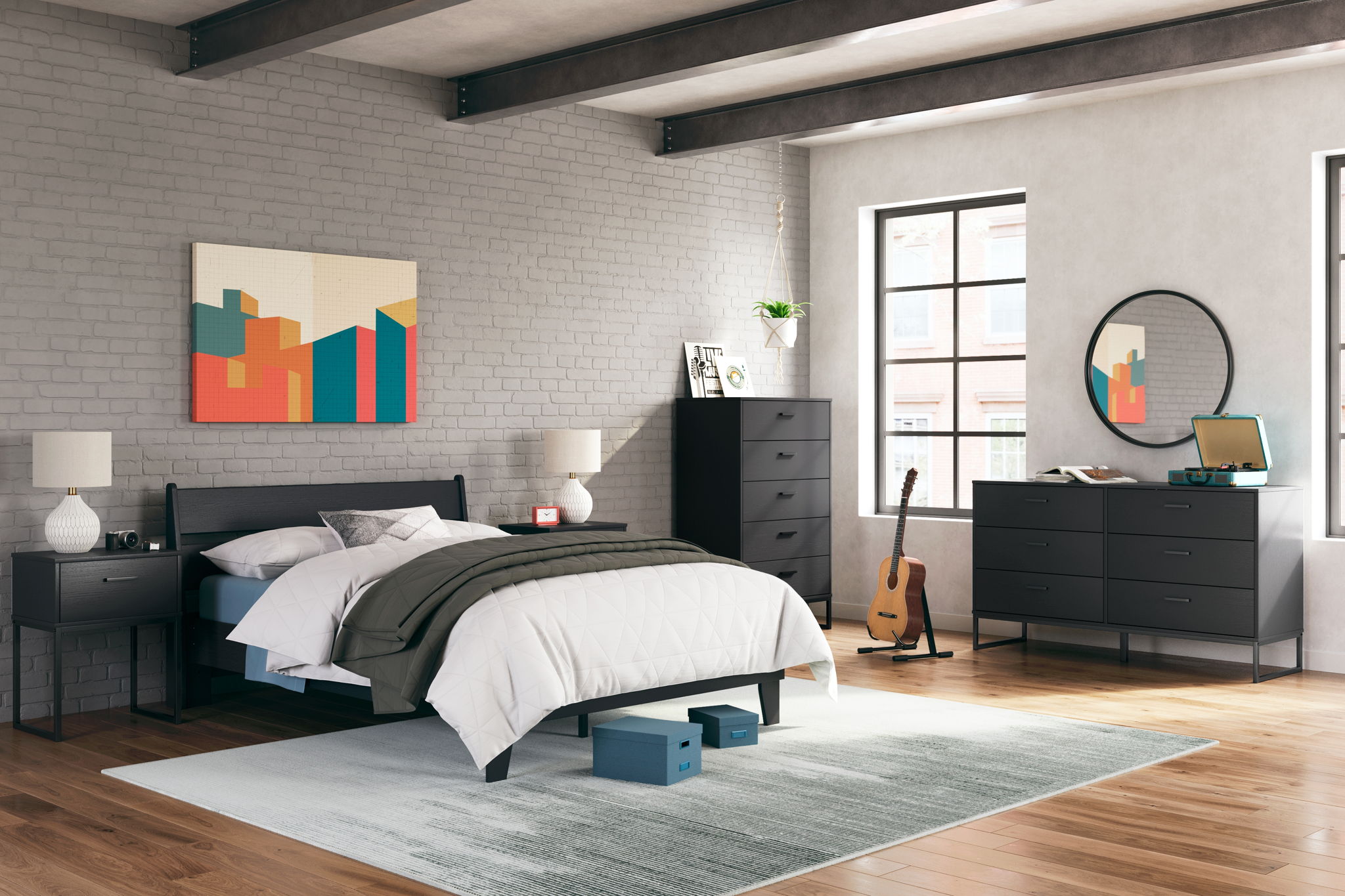 Bedroom furniture set with bed, dresser, and side tables in dark and light tones