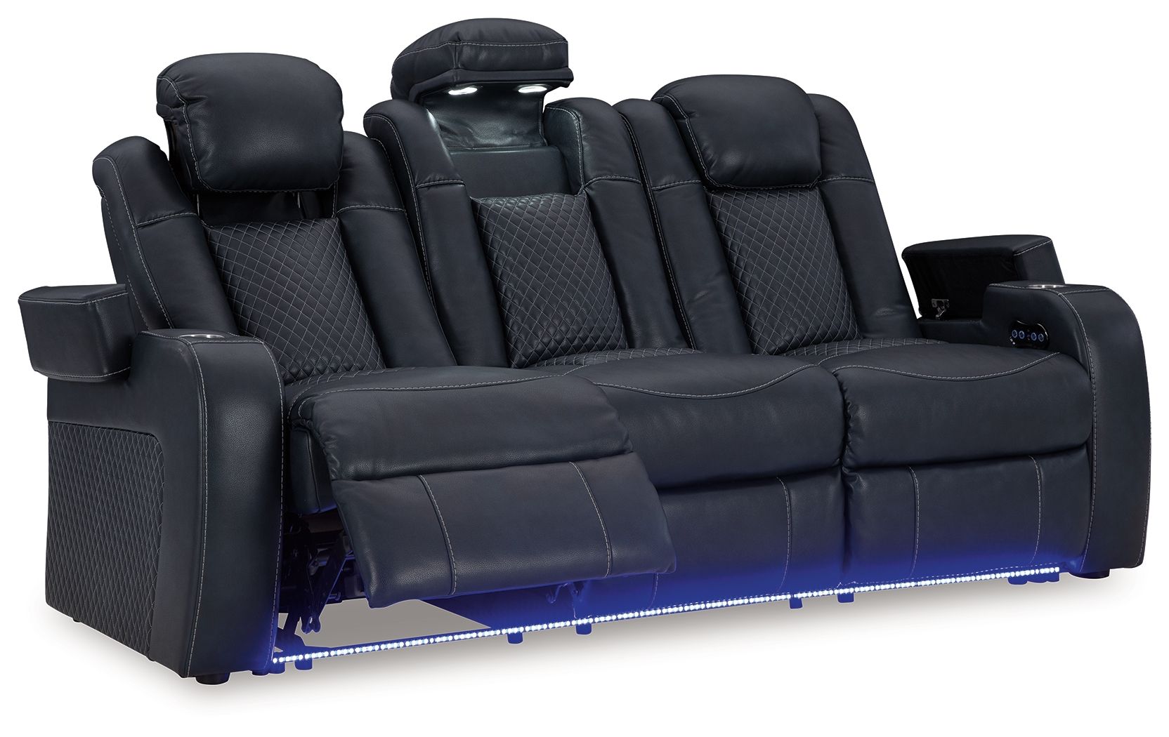 Dark gray reclining living room set reclining sofa with padded arms, tufted back, blue-lit base