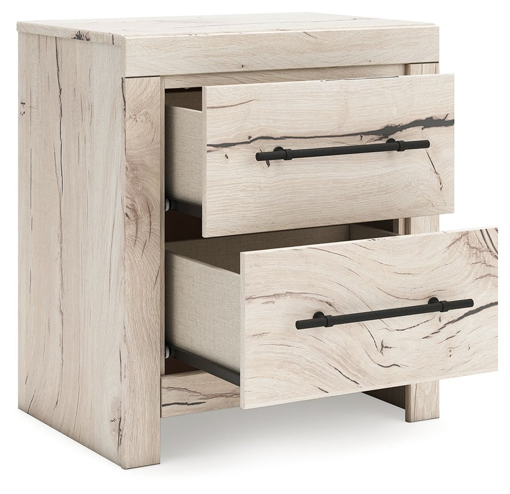 Lawroy two-drawer night stand in light natural wood, drawers open, black pulls