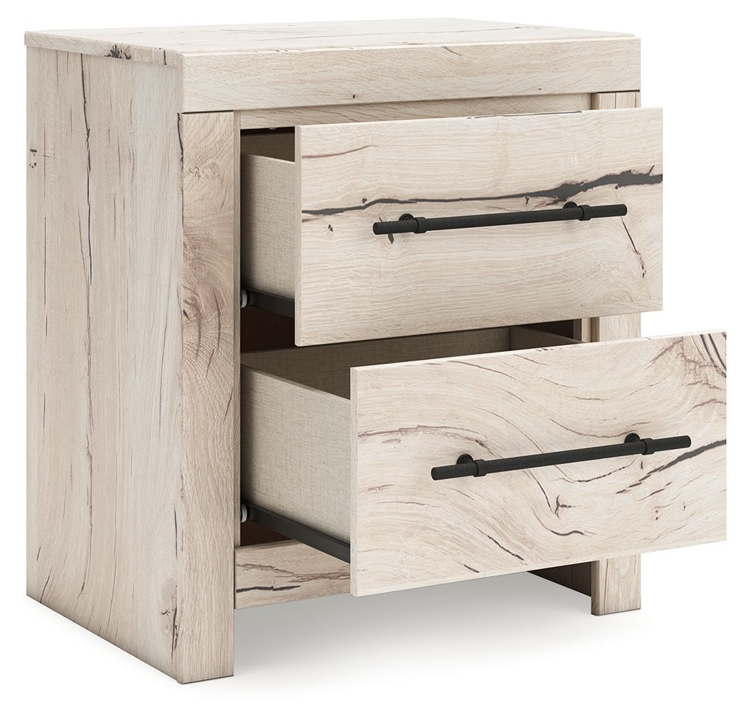 Lawroy two-drawer night stand in light natural wood, drawers open, black pulls