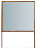 Brown rectangular bedroom mirror with wood frame and reflective glass