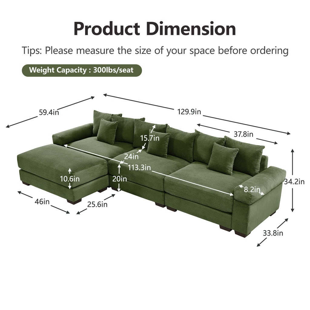 Green sectional sofa with modular ottoman and square seat cushions, full back pillows
